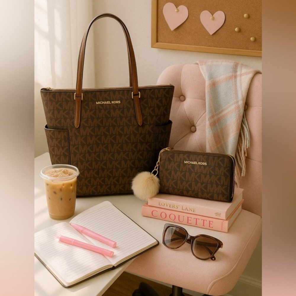 Michael Kors Brown MK Monogram Tote & Zip Wallet Set Gold Hardware NWT